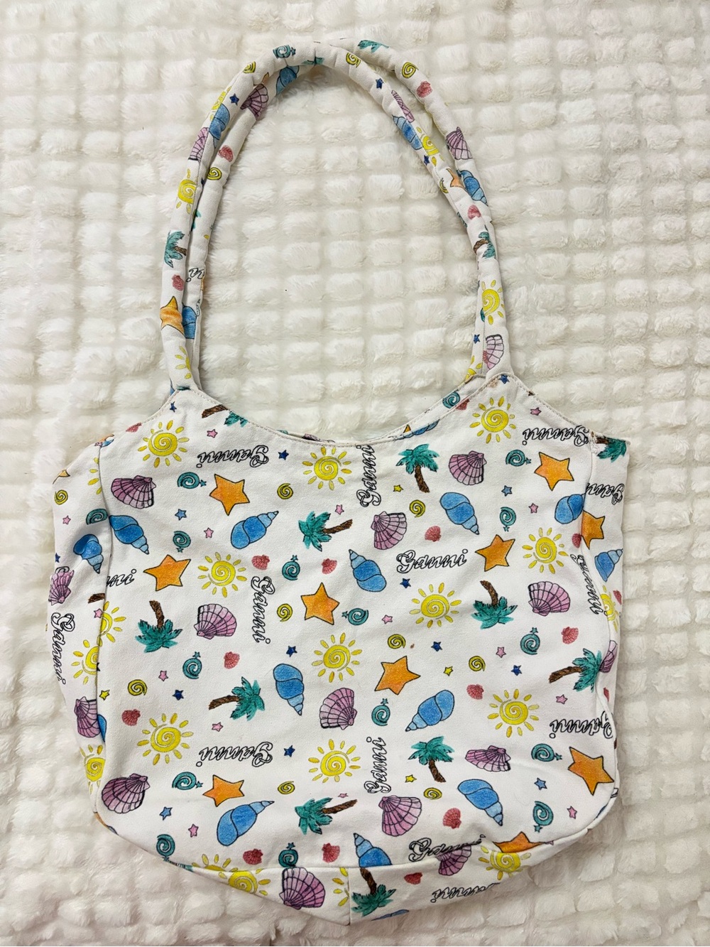 Ganni Canvas Beach Theme Tote Bag Seashells Palm Trees Sunshine